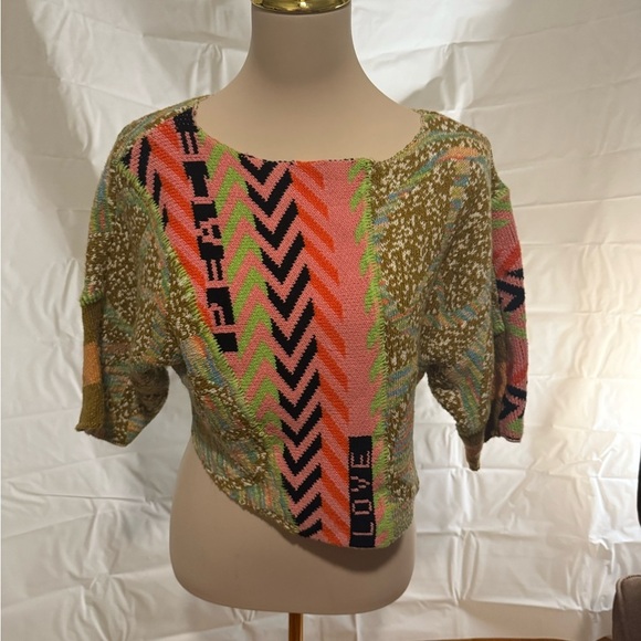 Urban Outfitters Pink and Green Asymmetrical 3/4 Sleeve Crop Top Sweater - Picture 3 of 7